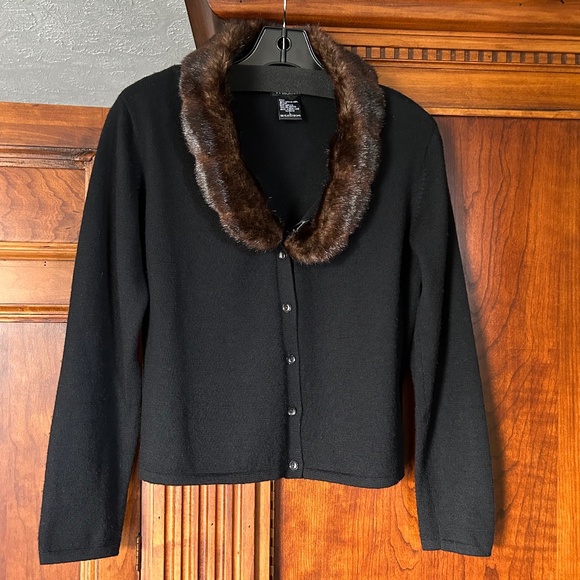 Willi Smith Merino Wool Black Sweather with Detachable Faux Fur Collar, Size L - Picture 1 of 14